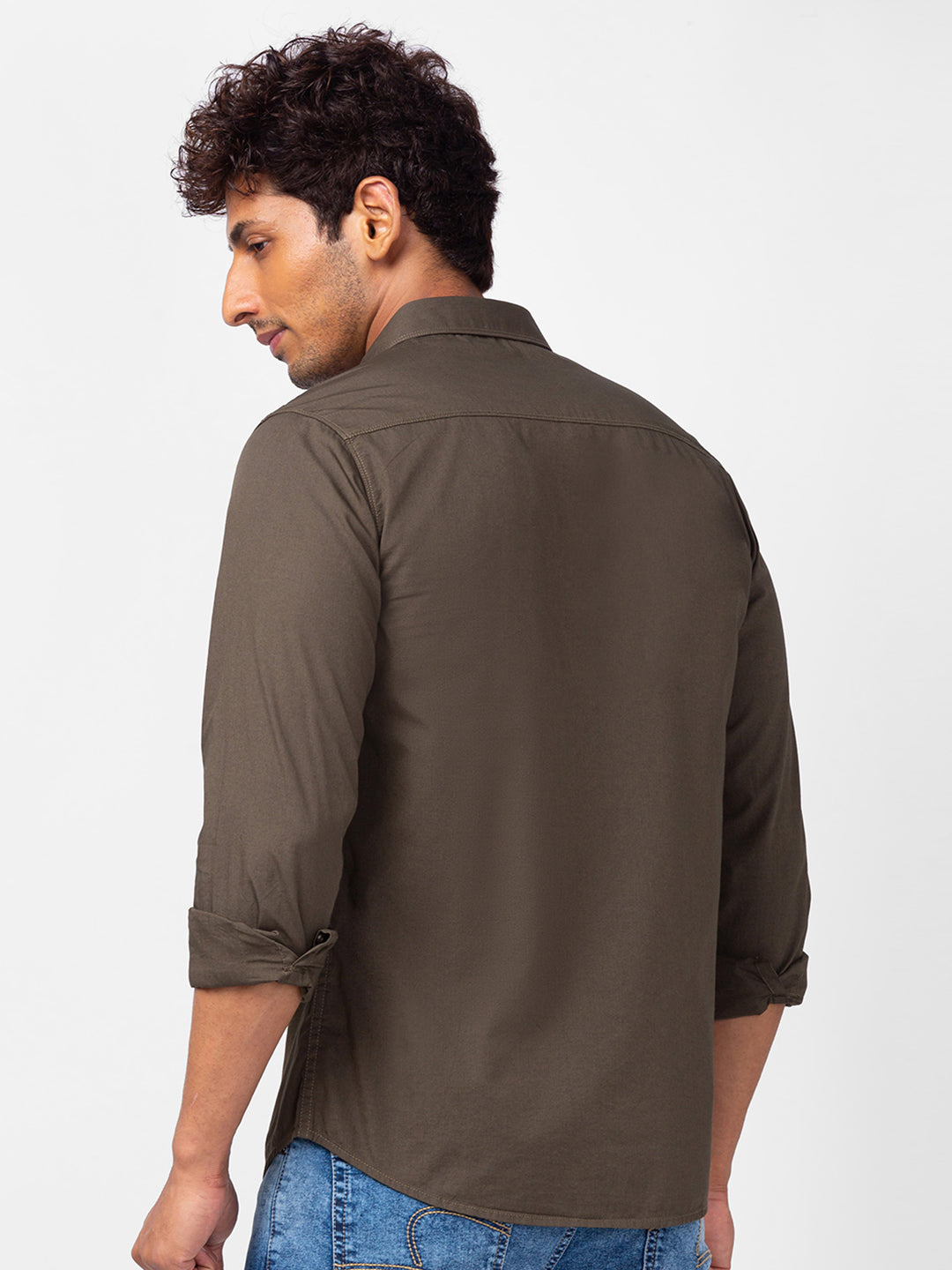 Spykar Men Olive Green Cotton Slim Fit Plain Shirts