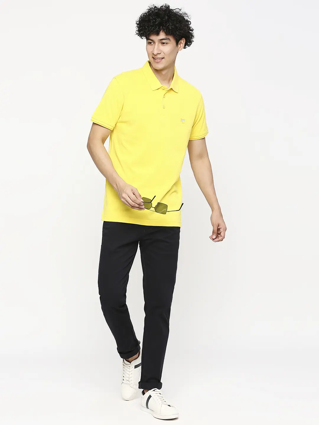 Spykar Men Sulphur Yellow Cotton Slim Fit Plain Polo Neck Tshirt