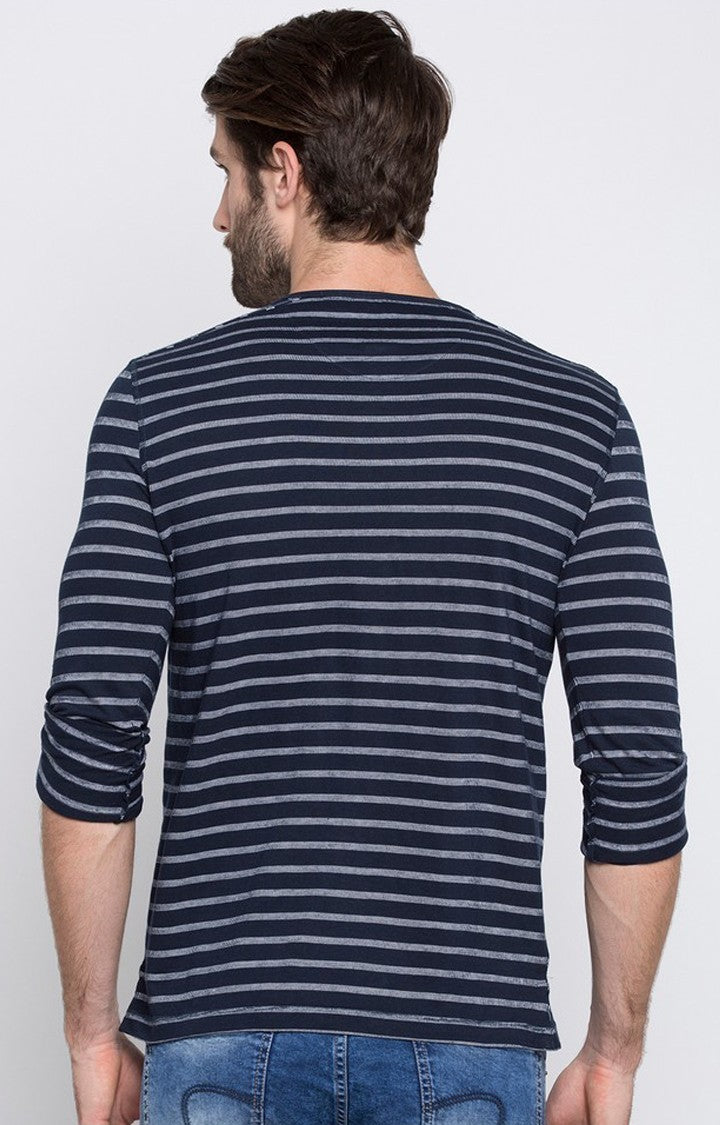 Spykar Navy Blue Striped Slim Fit Men T-Shirts