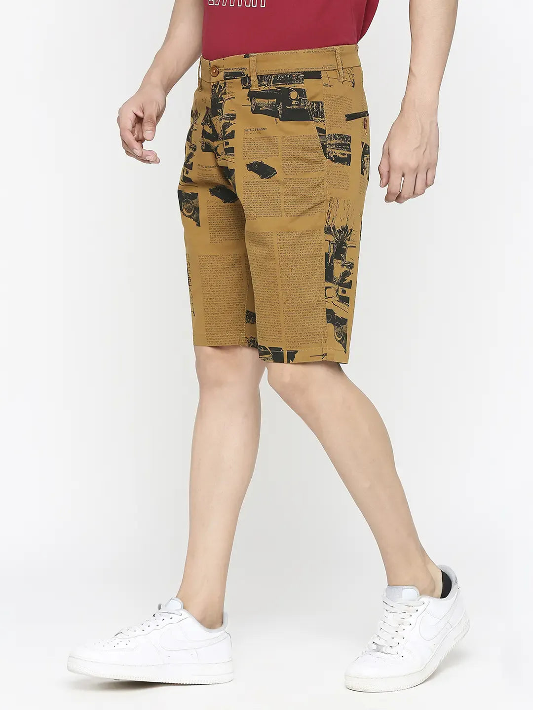 Spykar Men Khaki Cotton Slim Fit Printed Shorts