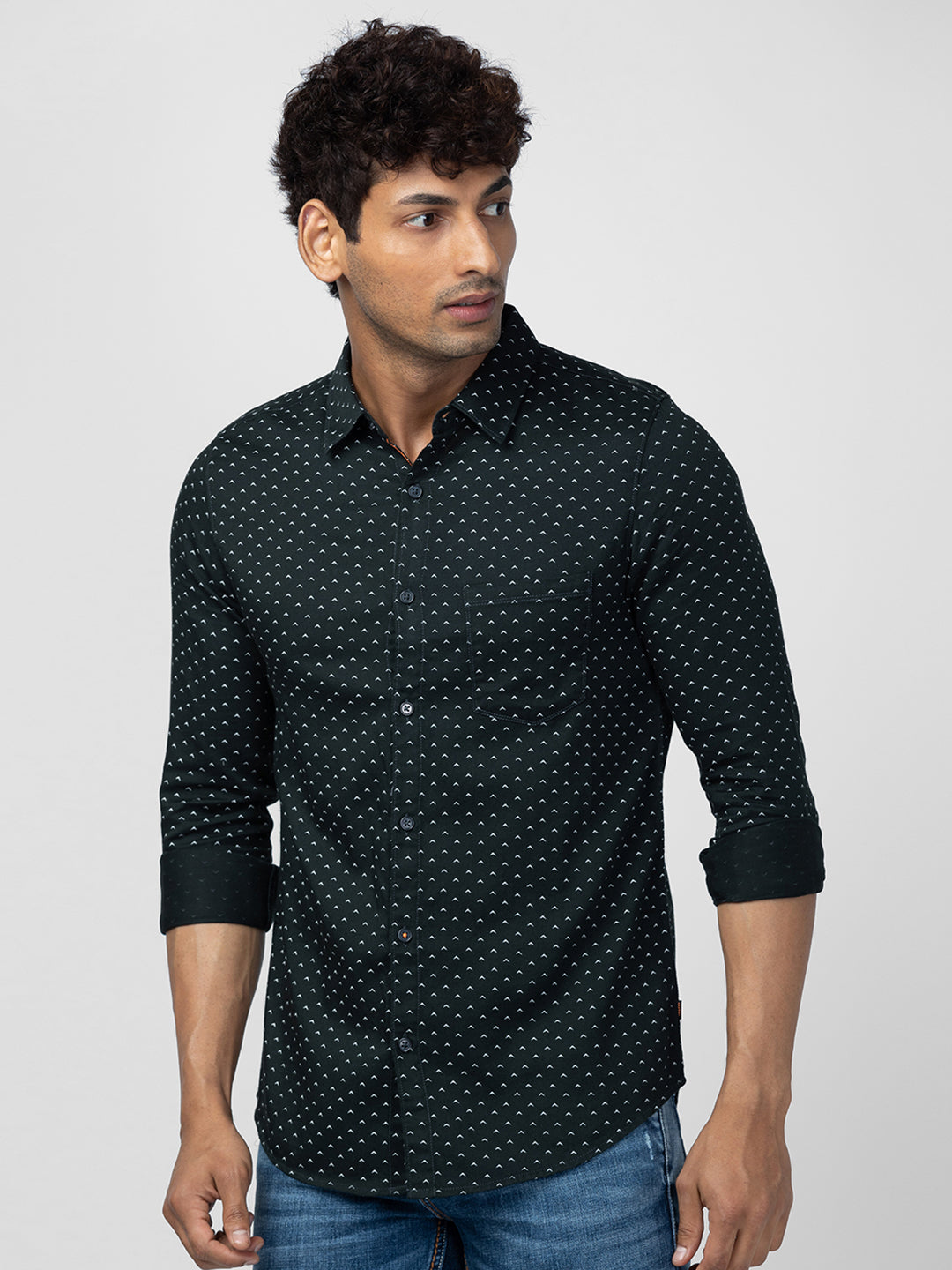 Spykar Men Bottle Green Cotton Slim Fit Printed Shirt