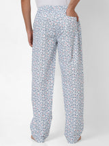 Men Premium White & Blue Cotton Printed Pyjama - Underjeans By Spykar