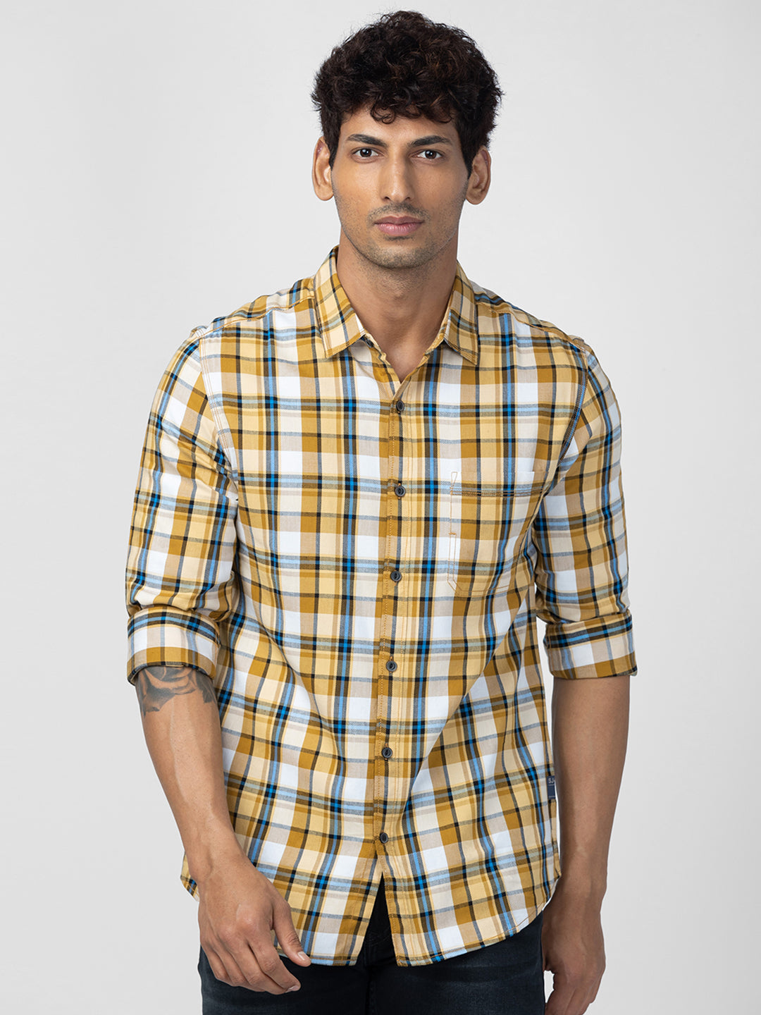 Spykar Men Camel Khaki Cotton Slim Fit Checkered Shirt