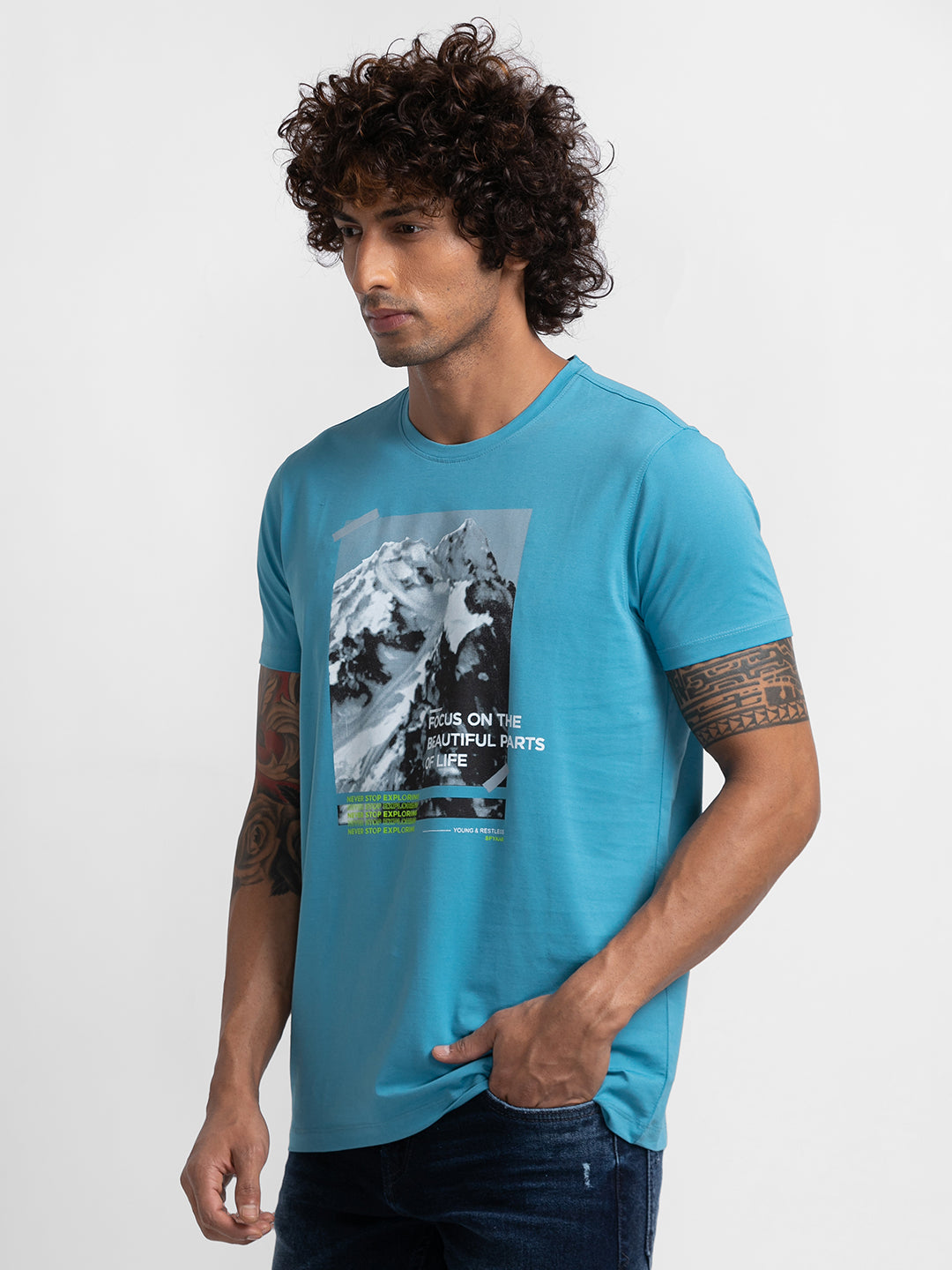 Spykar Haze Blue Cotton Half Sleeve Printed Casual T-Shirt For - mkt02bbcp033hazeblue