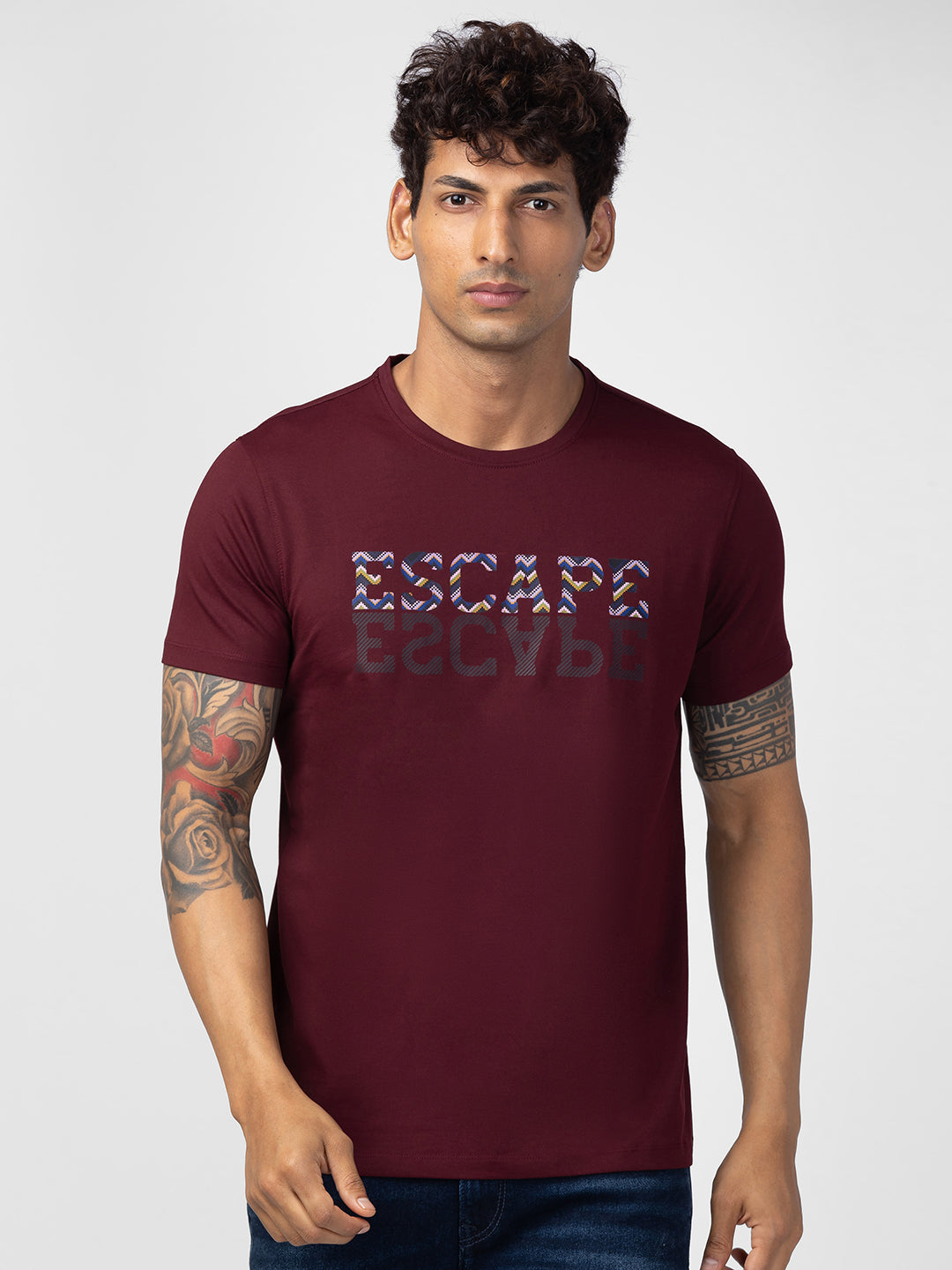 Spykar Men Wine Cotton Regular Fit Half Sleeve Printed T-Shirt