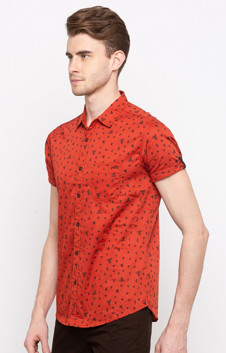 Spykar Men'S Orange Cotton Printed Casual Shirts