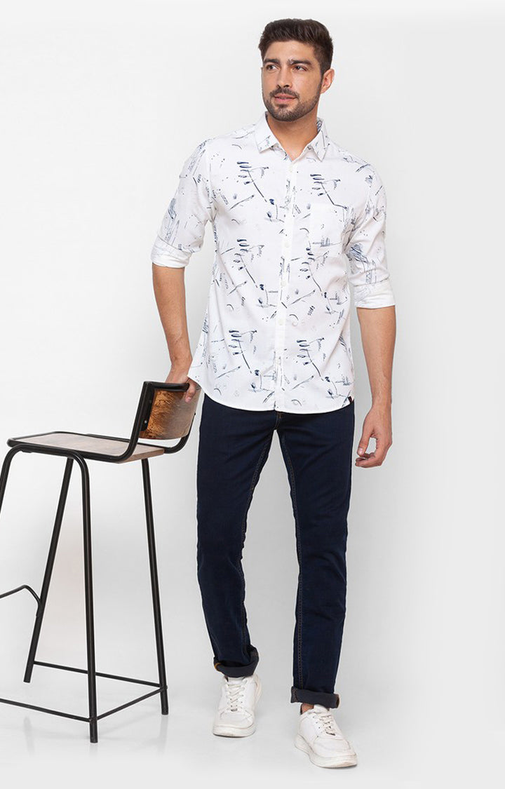 Spykar White Cotton Full Sleeve Printed Shirt For Men