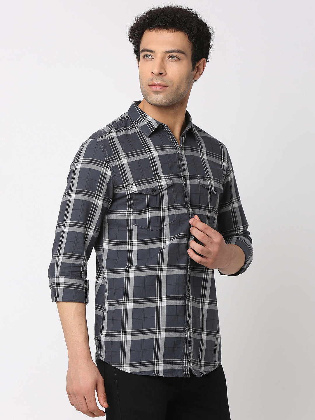 Spykar Men Charcoal Grey Cotton Regular Fit Checkered Shirts