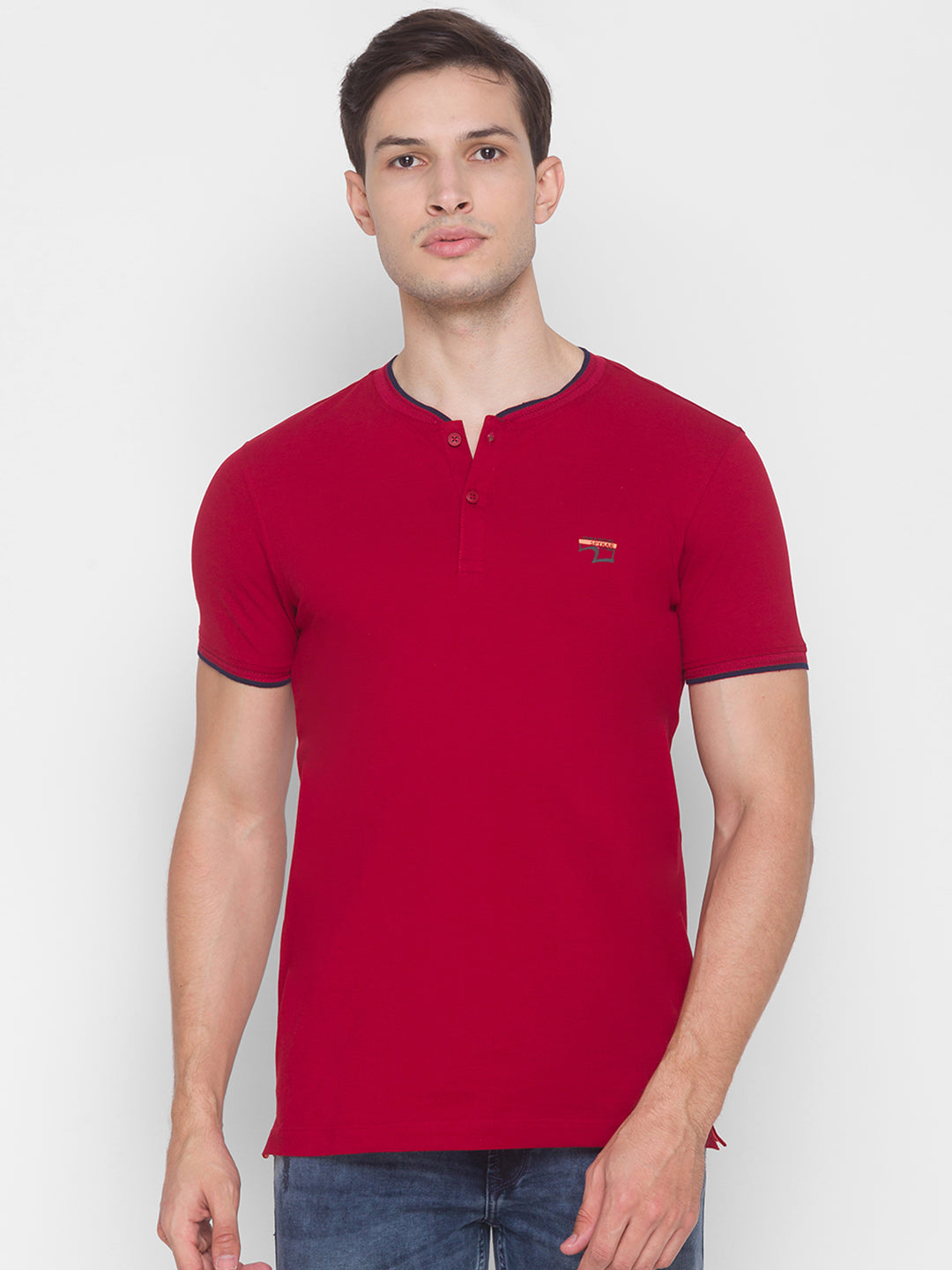 Spykar Men Red Cotton Slim Fit Round Neck T-Shirt