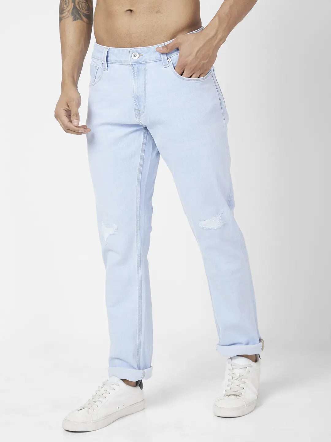 Spykar Men Light Blue Cotton Stretch Regular Fit Narrow Length Clean Look Mid Rise Jeans (Rover)