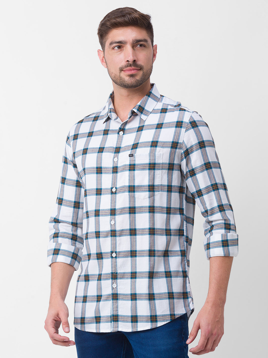 Spykar Teal Blue Cotton Full Sleeve Checks Shirt For Men