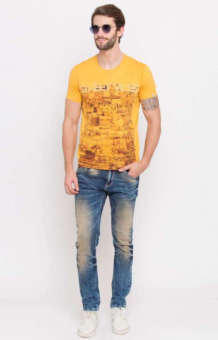 Spykar Yellow Printed Slim Fit Men T-Shirts