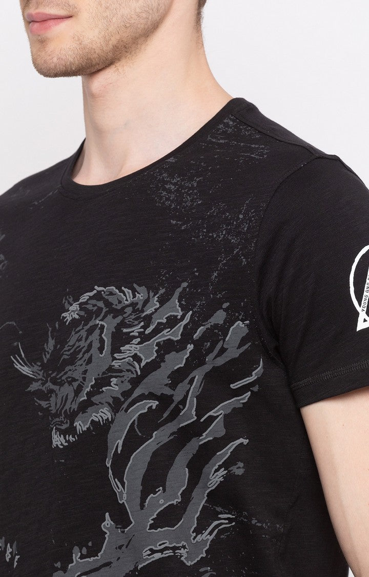 Spykar Black Printed Slim Fit Men T-Shirts