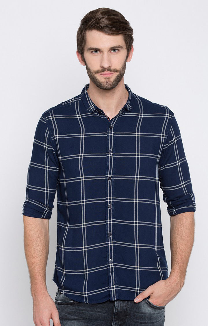 Spykar Men'S Blue Cotton Checked Casual Shirts