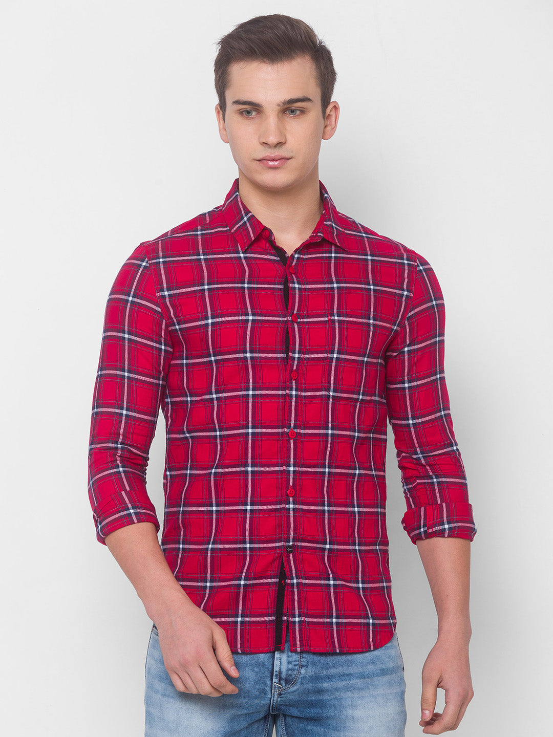 Spykar Men Red Cotton Slim Fit Shirt