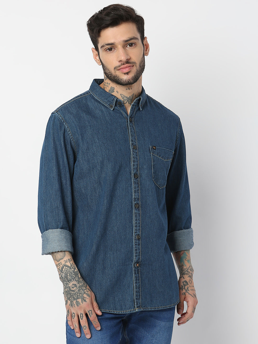 Spykar Men Dark Blue Cotton Slim Fit Denim Shirts