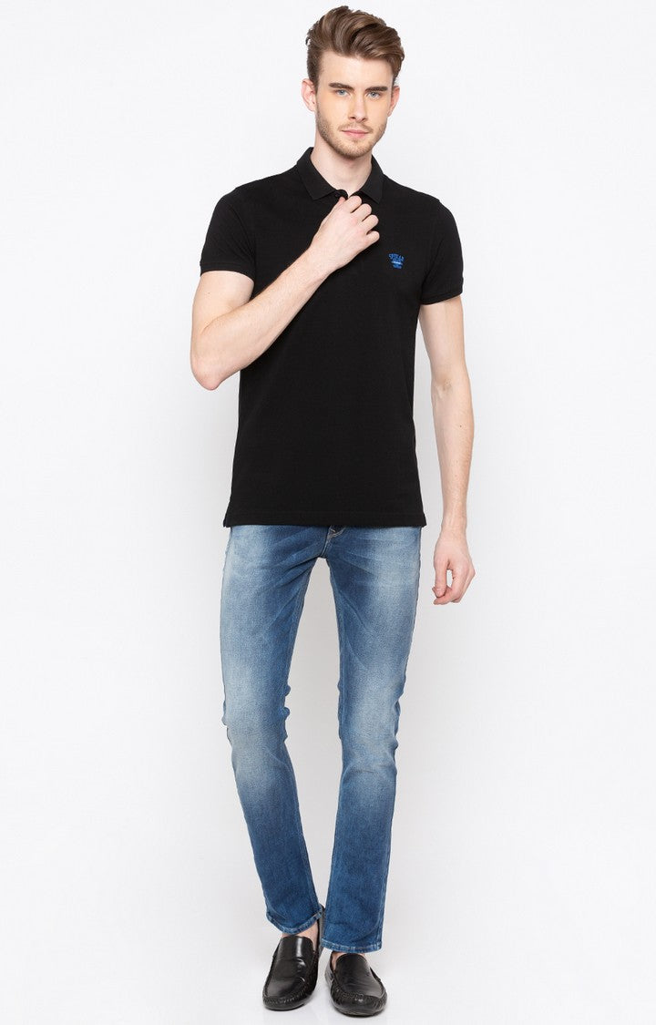 Spykar Black Solid Slim Fit Polo T-Shirt