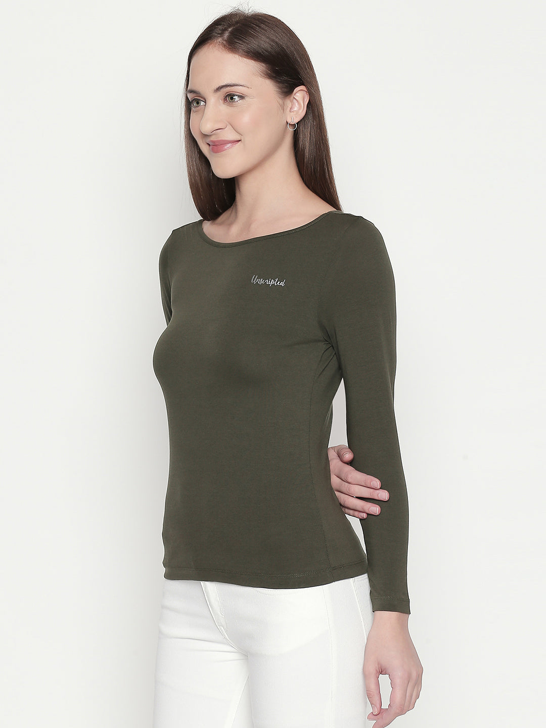 Spykar Women Green Cotton Slim Fit Round Neck T-Shirt