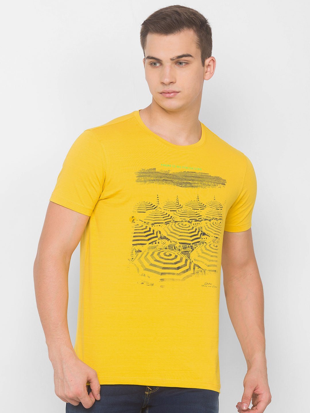 Spykar Men Yellow Cotton Slim Fit Round Neck T-Shirt