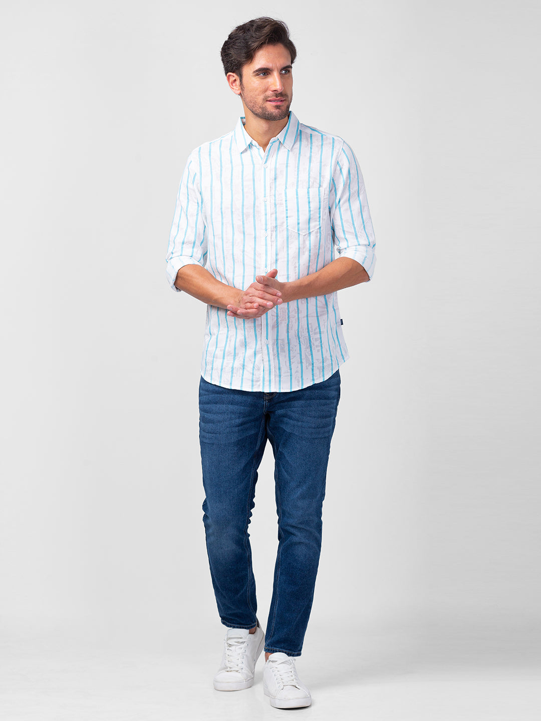 Spykar Men Cool Blue Cotton Slim Fit Striped Shirt