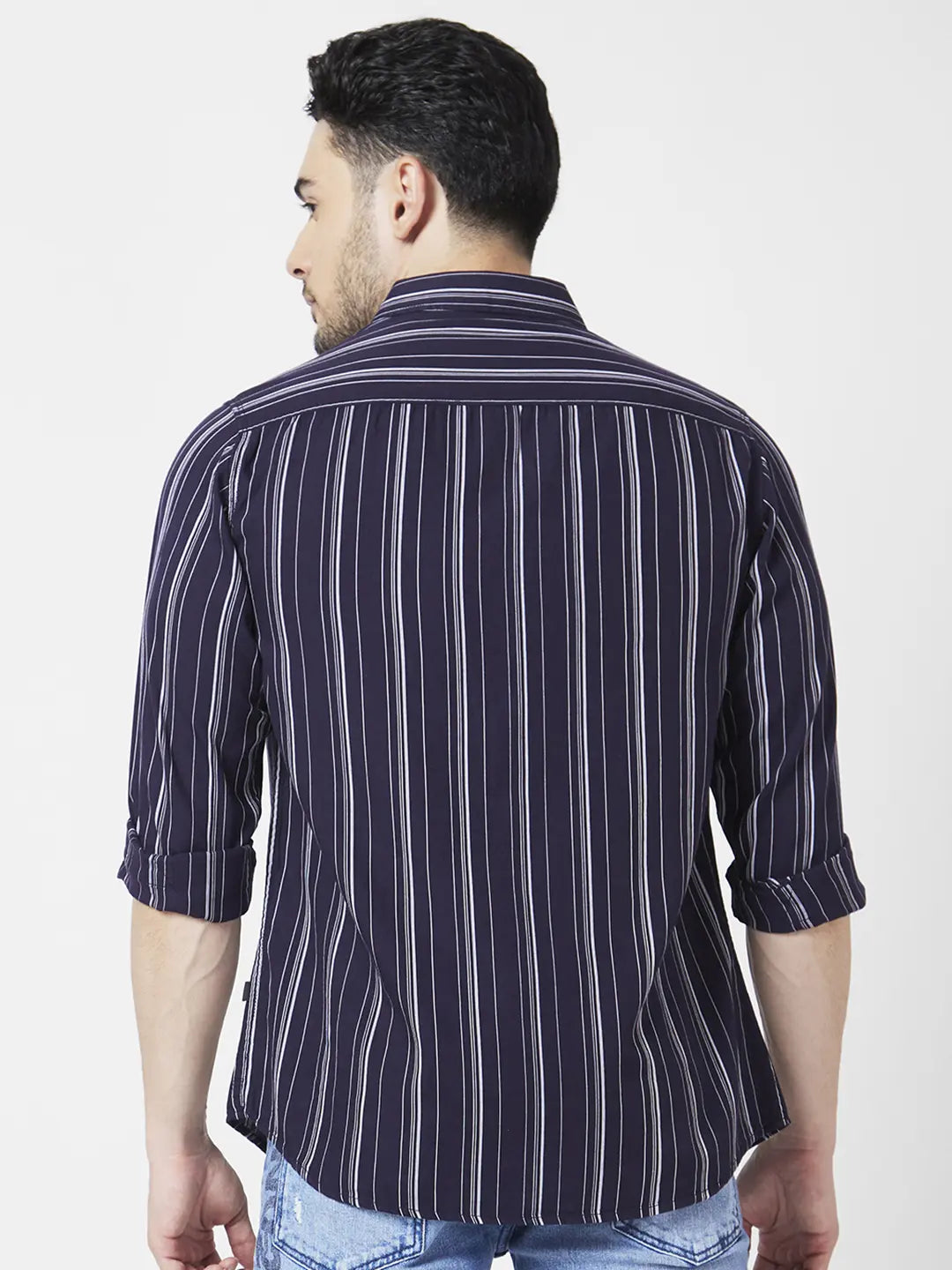 Spykar Men Navy Blue Cotton Slim Fit Full Sleeve Striped Shirt