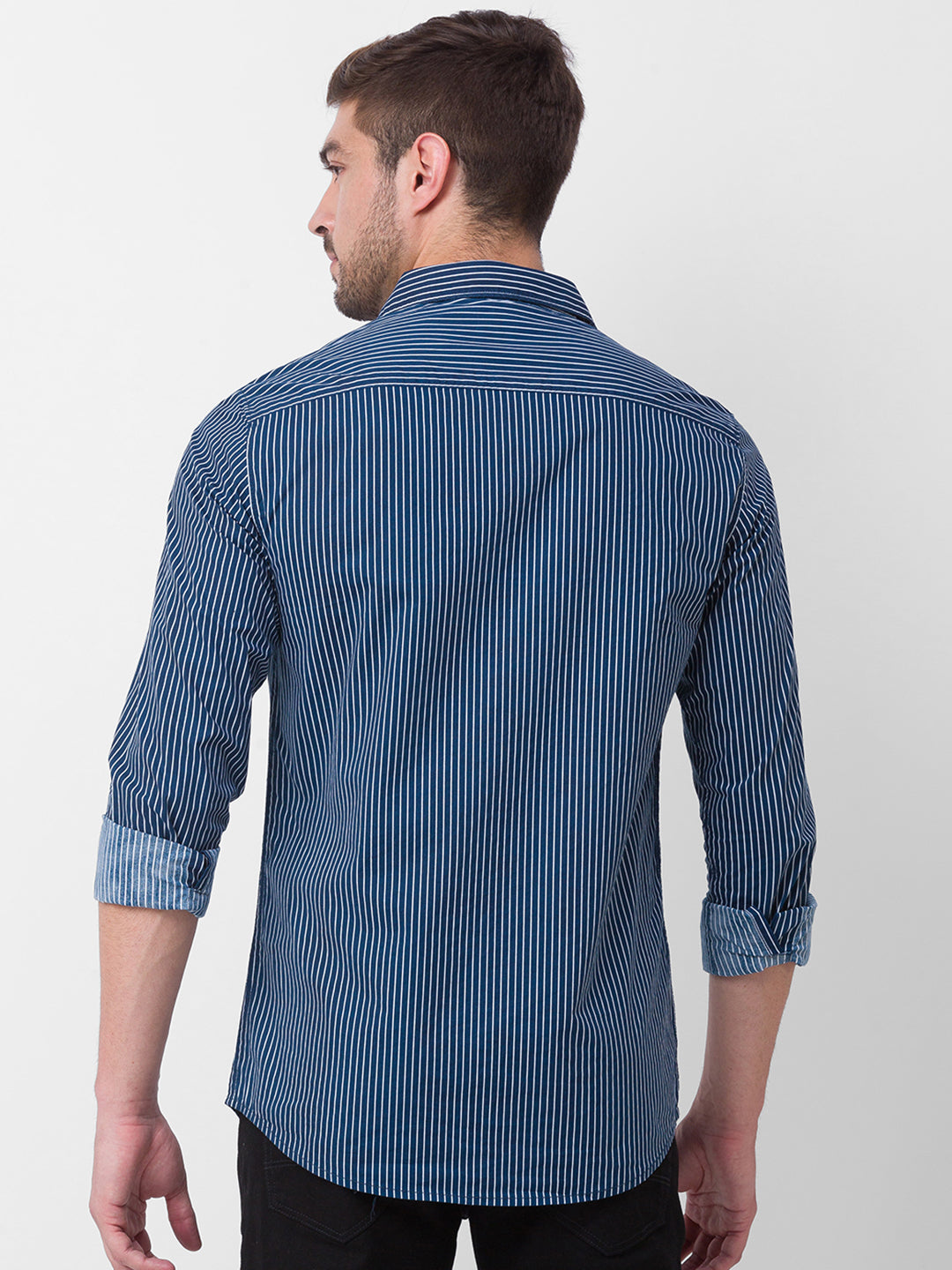 Spykar Navy Blue Cotton Full Sleeve Stripes Shirt For Men