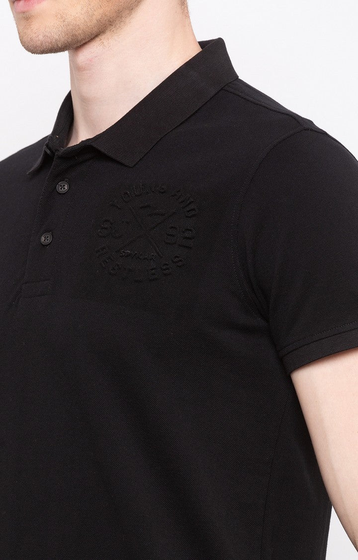 Spykar Black Solid Slim Fit Polo T-Shirt