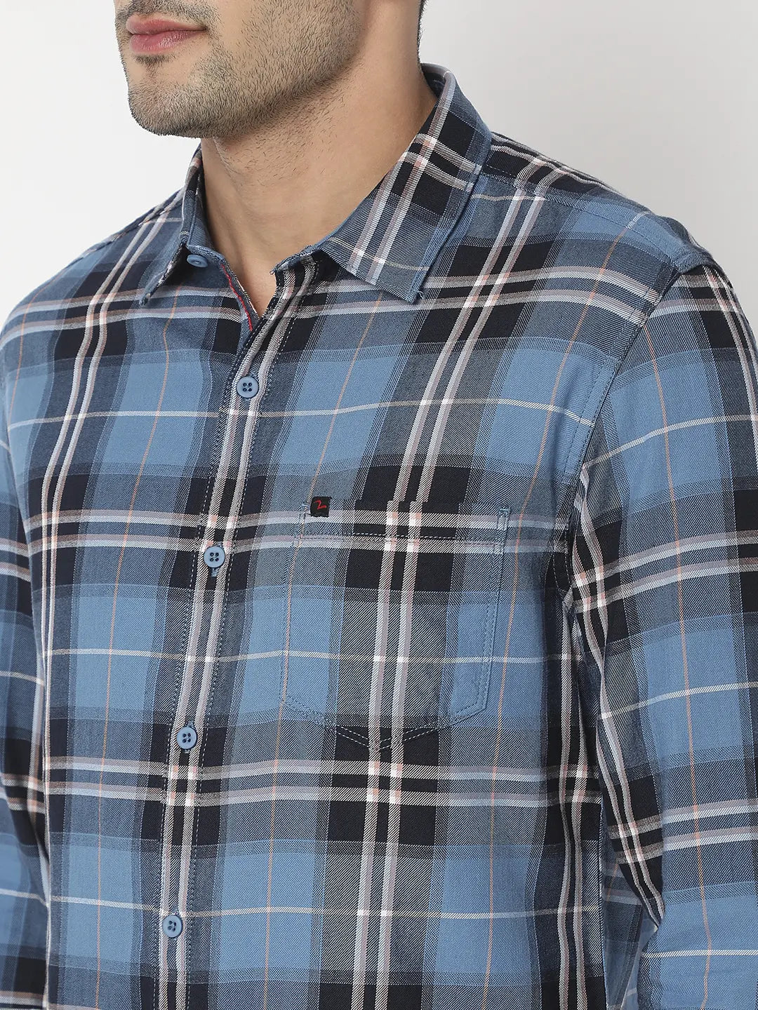 Spykar Men Blue Cotton Slim Fit Checkered Shirt