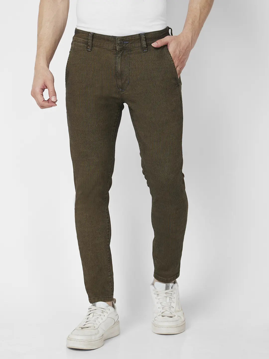 Spykar Men Khaki Cotton Slim Fit Tapered Length Low Distressed Mid Rise Jeans (Kano)