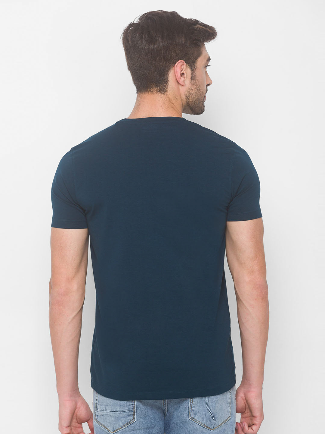 Spykar Men Blue Cotton Slim Fit Round Neck T-Shirt