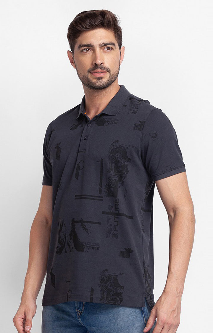 Spykar Slate Grey Cotton Half Sleeve Printed Casual Polo T-Shirt For Men