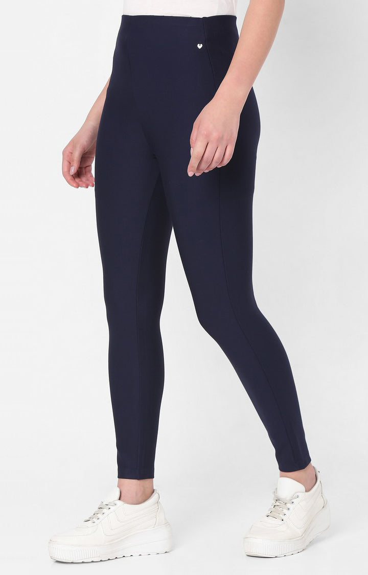 Spykar Women Navy Cotton Regular Fit Mid Rise Jeggings