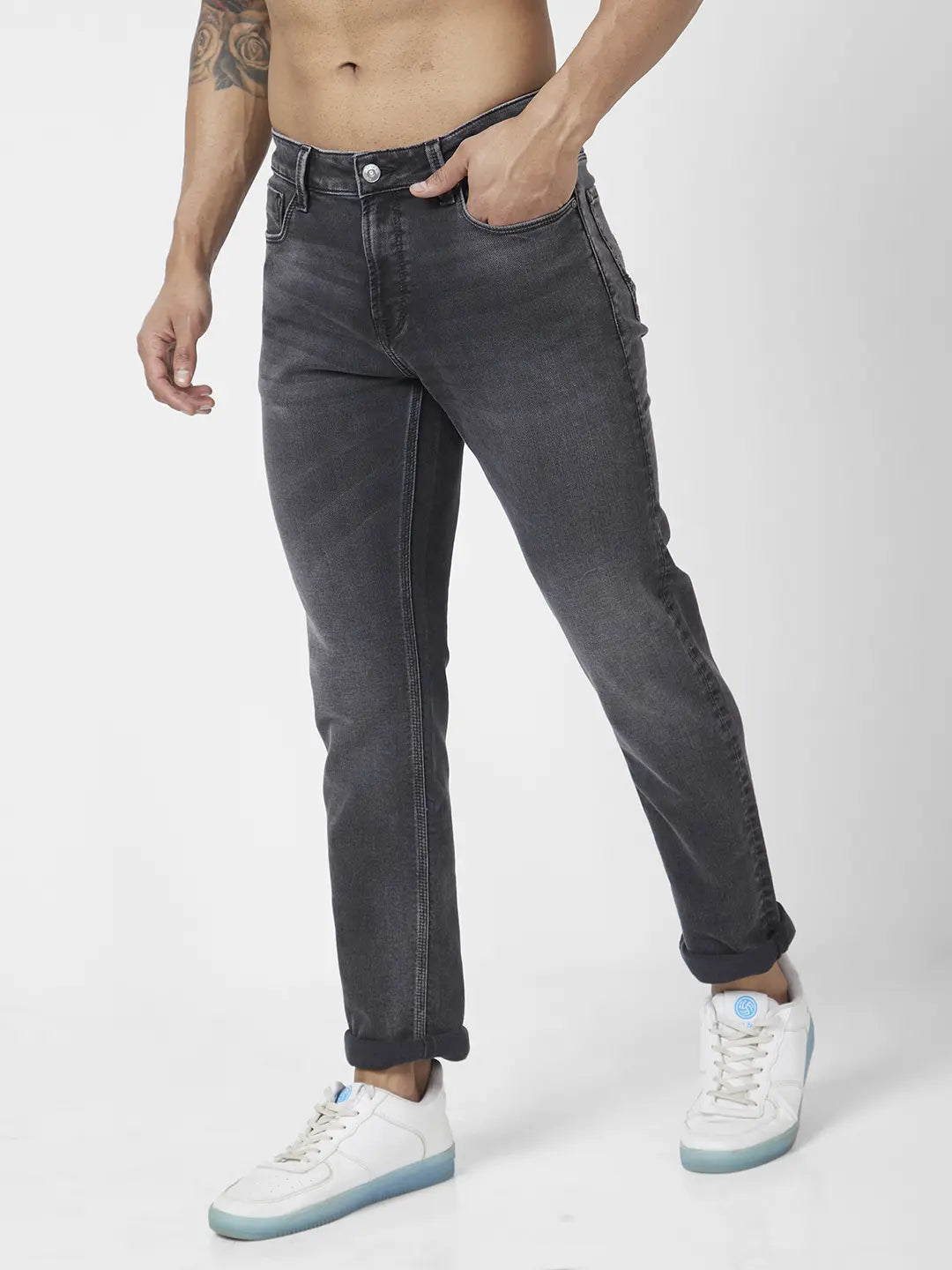 Spykar Men Carbon Black Cotton Stretch Comfort Fit Straigth Length Clean Look Mid Rise Jeans (Ricardo)
