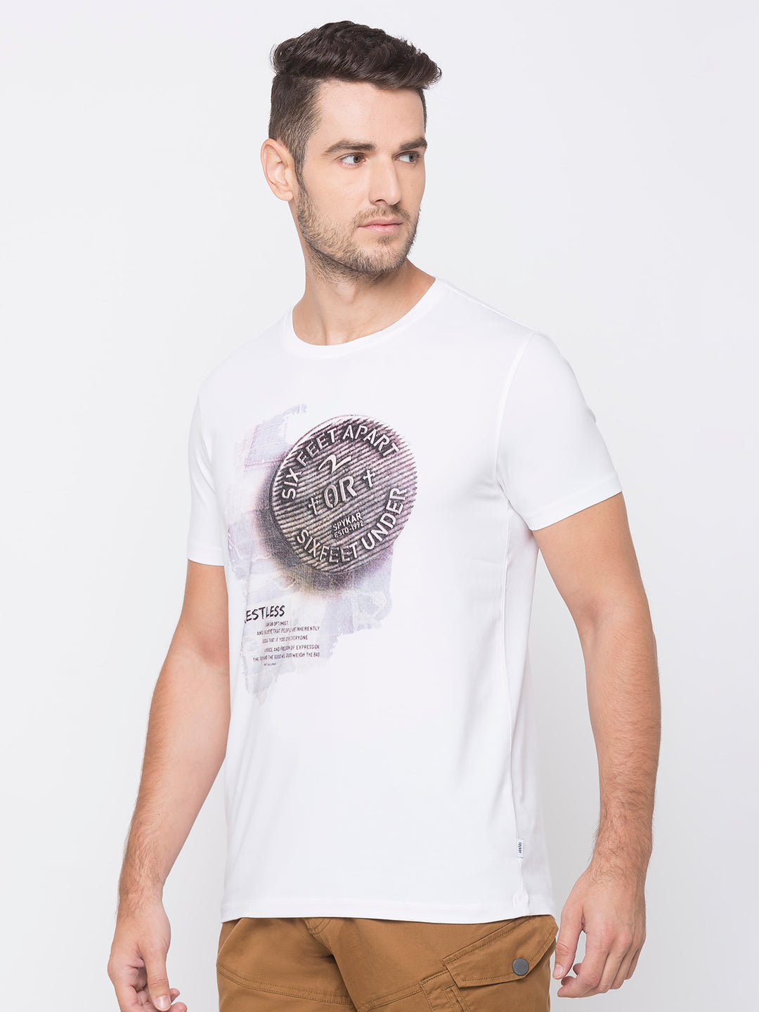 Spykar Men White Cotton Slim Fit Round Neck T-Shirt