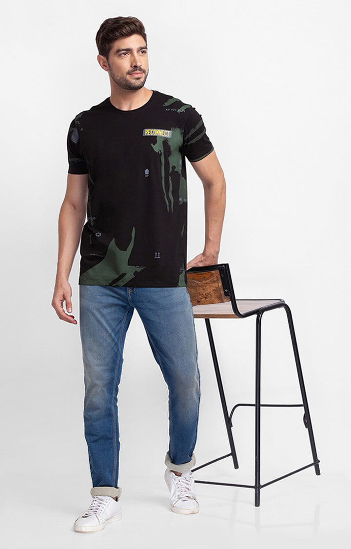 Spykar Black Cotton Half Sleeve Printed Casual T-Shirt For Men