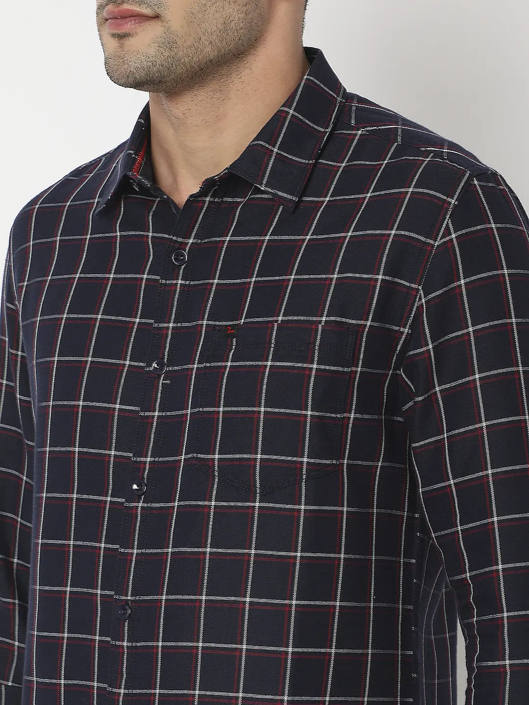 Spykar Men Navy Blue Cotton Slim Fit Checkered Shirt