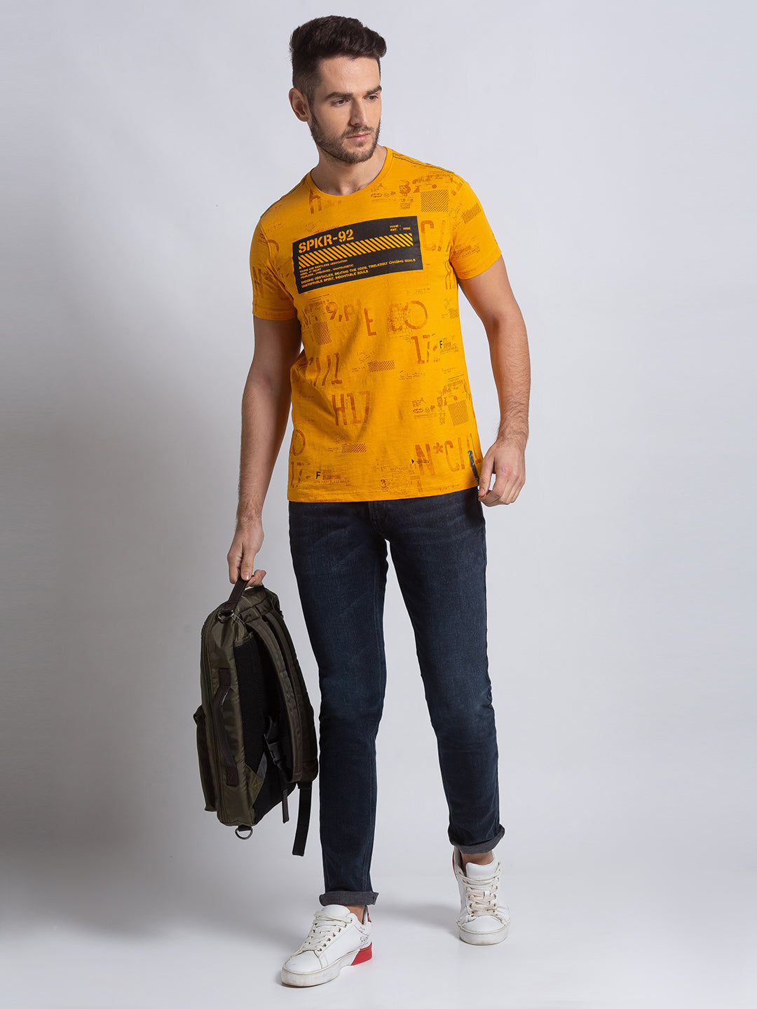 Spykar Men Yellow Cotton Slim Fit Round Neck T-Shirt