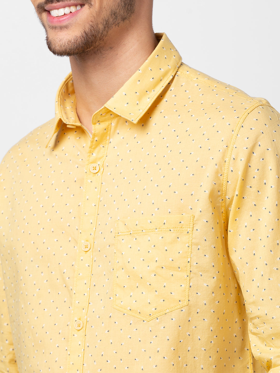 Spykar Men Chrome Yellow Cotton Slim Fit Printed Shirt