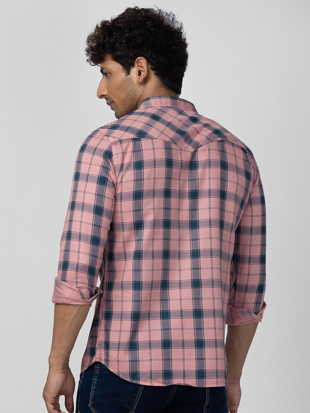 Spykar Men Dusty Pink Cotton Slim Fit Checkered Shirt