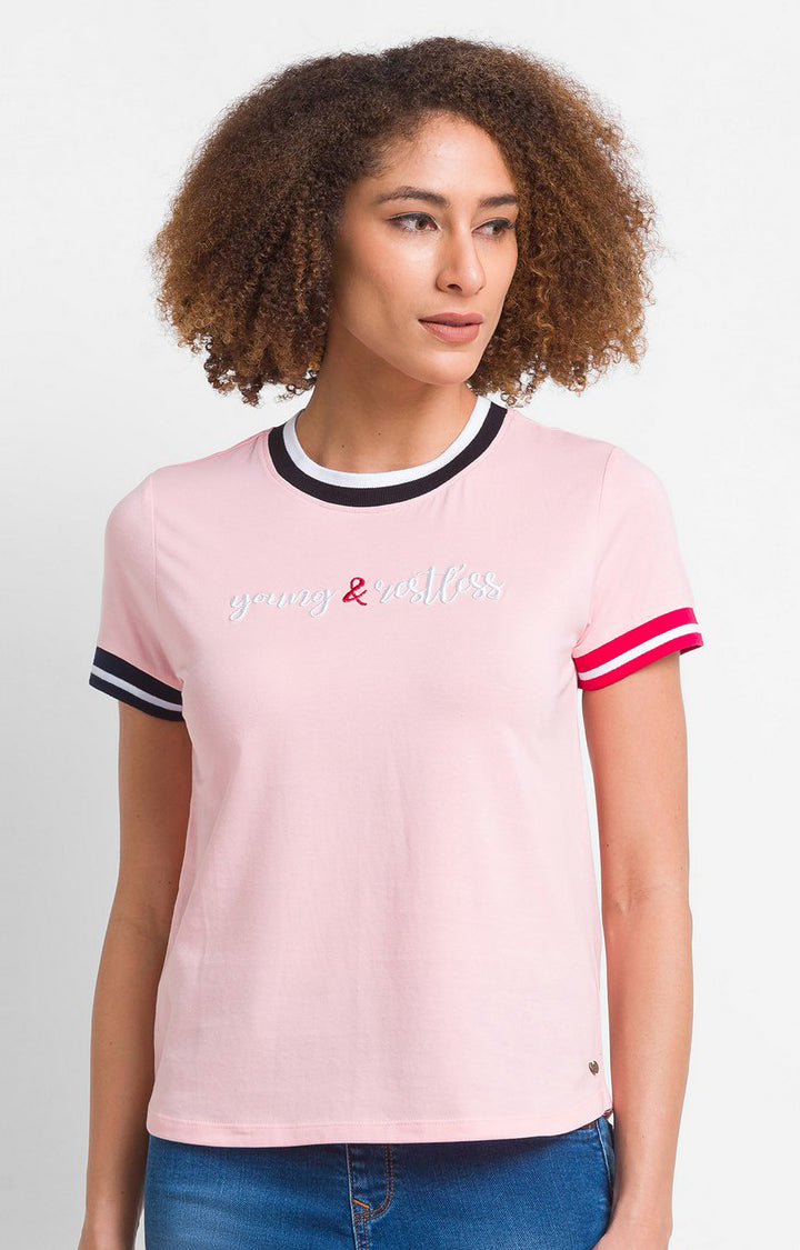 Spykar Baby Pink Cotton Blend Half Sleeve Colourblocks Casual T-Shirts For Women