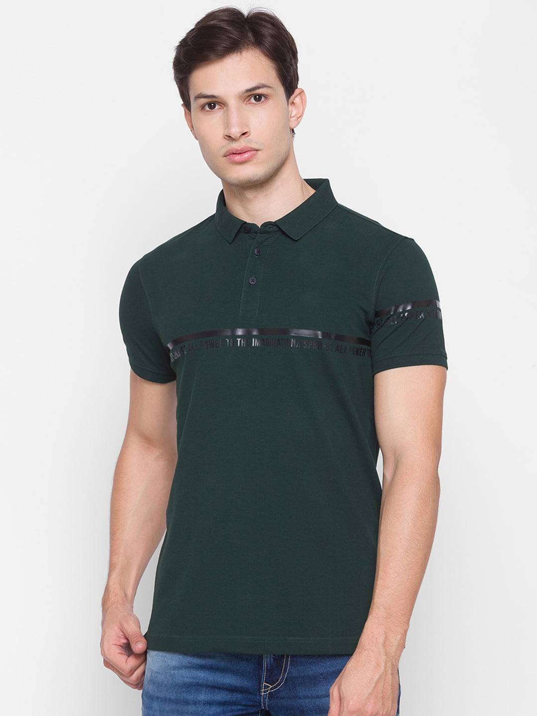 Spykar Men Green Cotton Slim Fit Polo T-Shirt