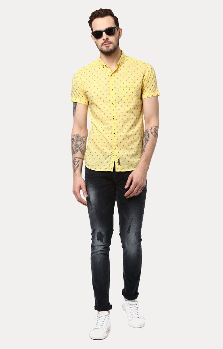 Spykar Men'S Yellow Cotton Printed Casual Shirts