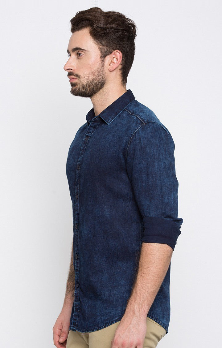 Spykar Men'S Blue Cotton Solid Casual Shirts