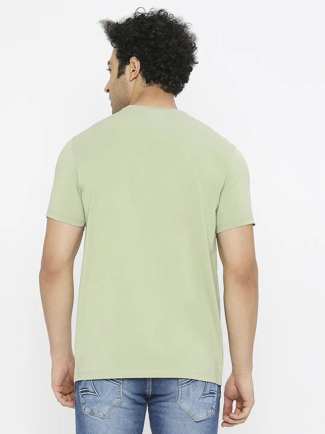 Spykar Men Dusty Green Blended Regular Fit Half Sleeve Printed Round Neck Tshirt