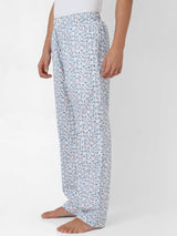 Men Premium White & Blue Cotton Printed Pyjama - Underjeans By Spykar