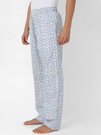 Men Premium White & Blue Cotton Printed Pyjama - Underjeans By Spykar