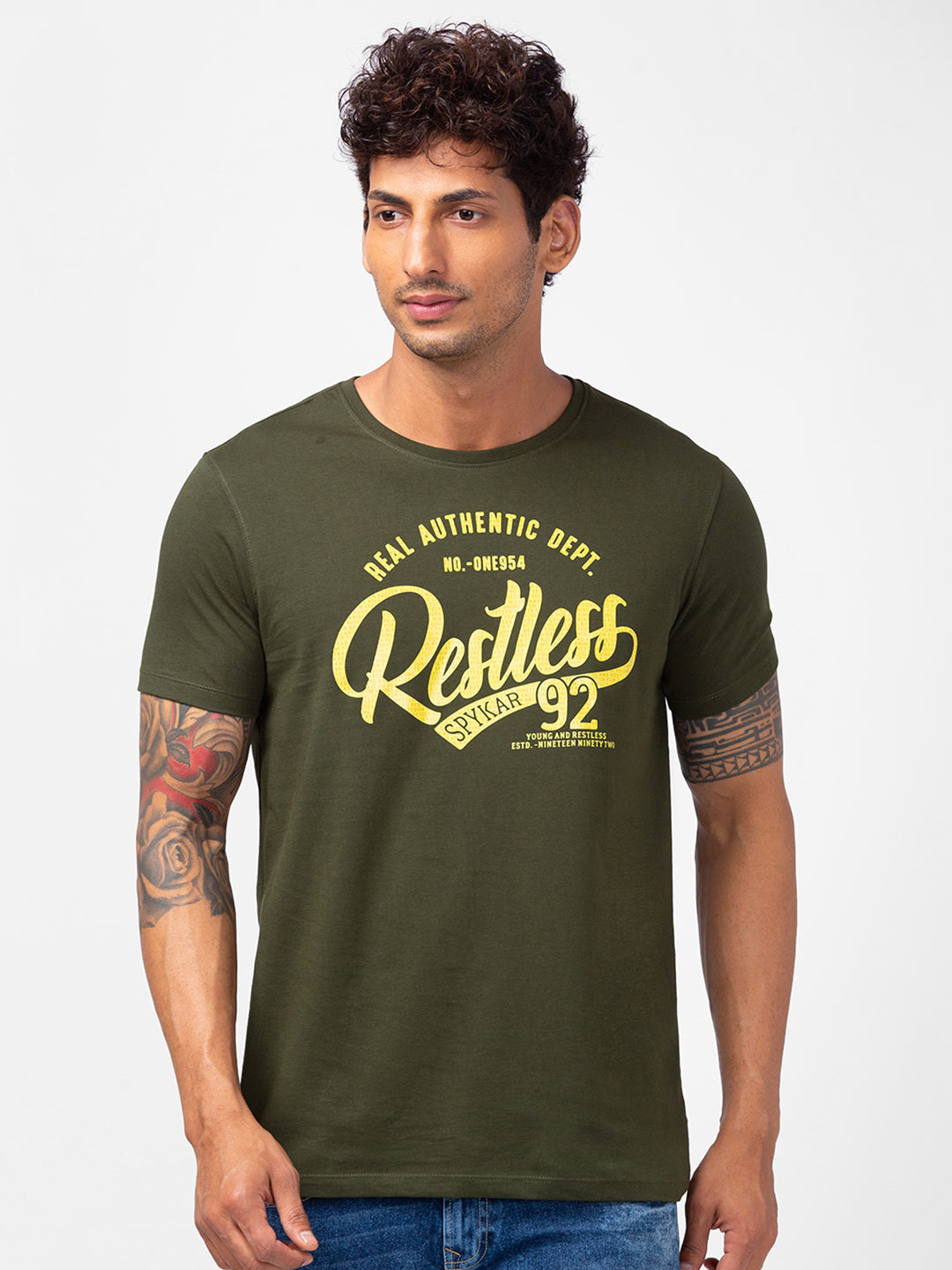 Spykar Men Olive Green Cotton Slim Fit Round Neck Printed T-Shirt