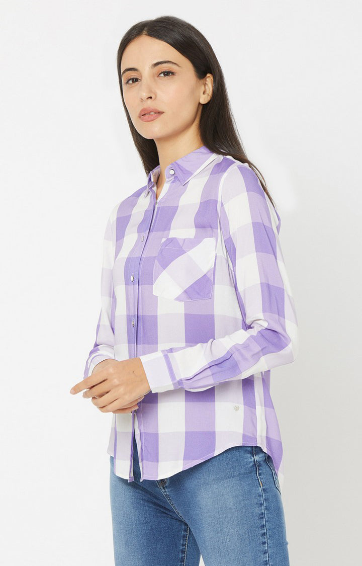 Spykar Women Lilac Viscose Checks Full Sleeve Shirts