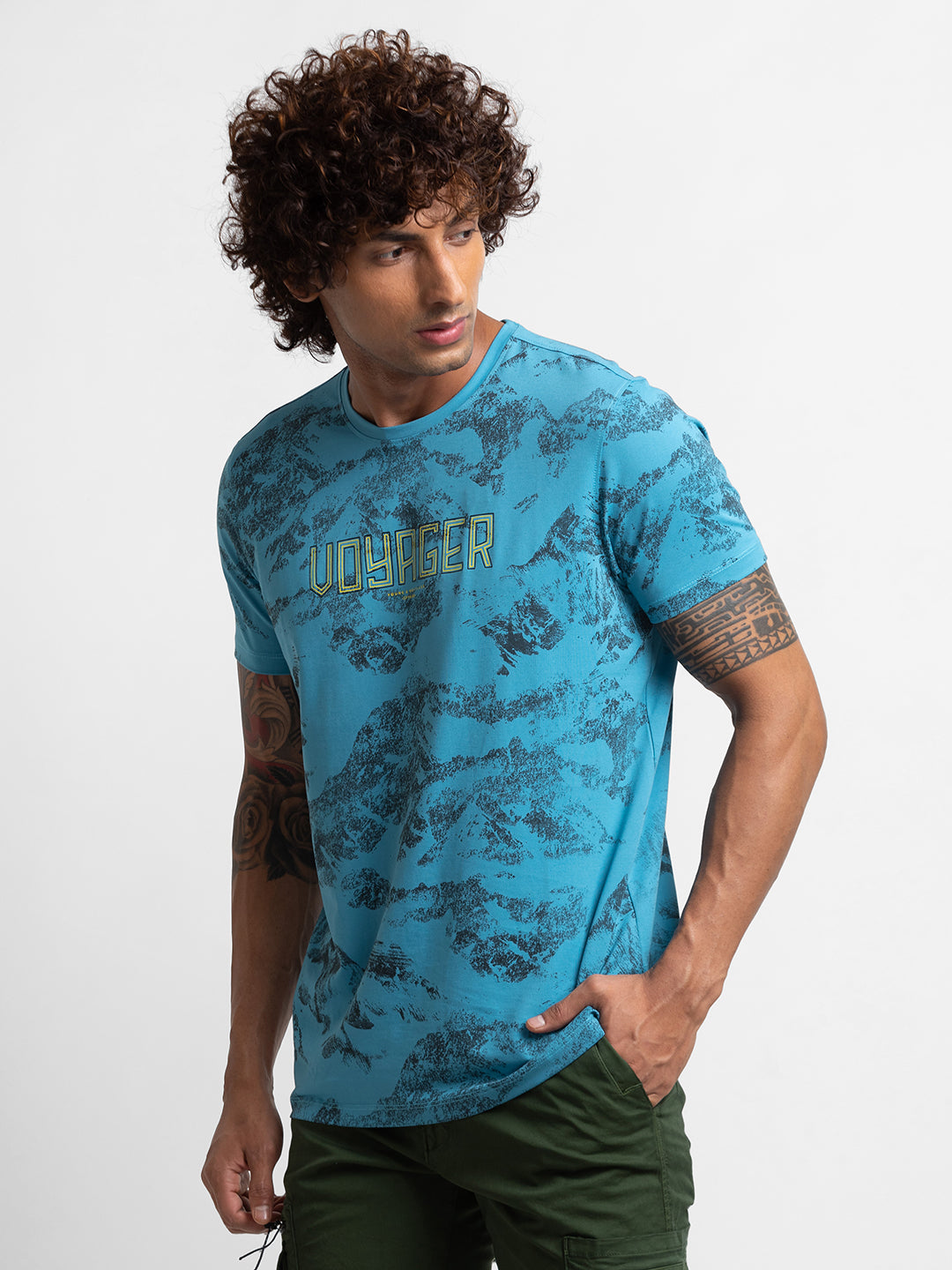 Spykar Haze Blue Cotton Half Sleeve Printed Casual T-Shirt For Men