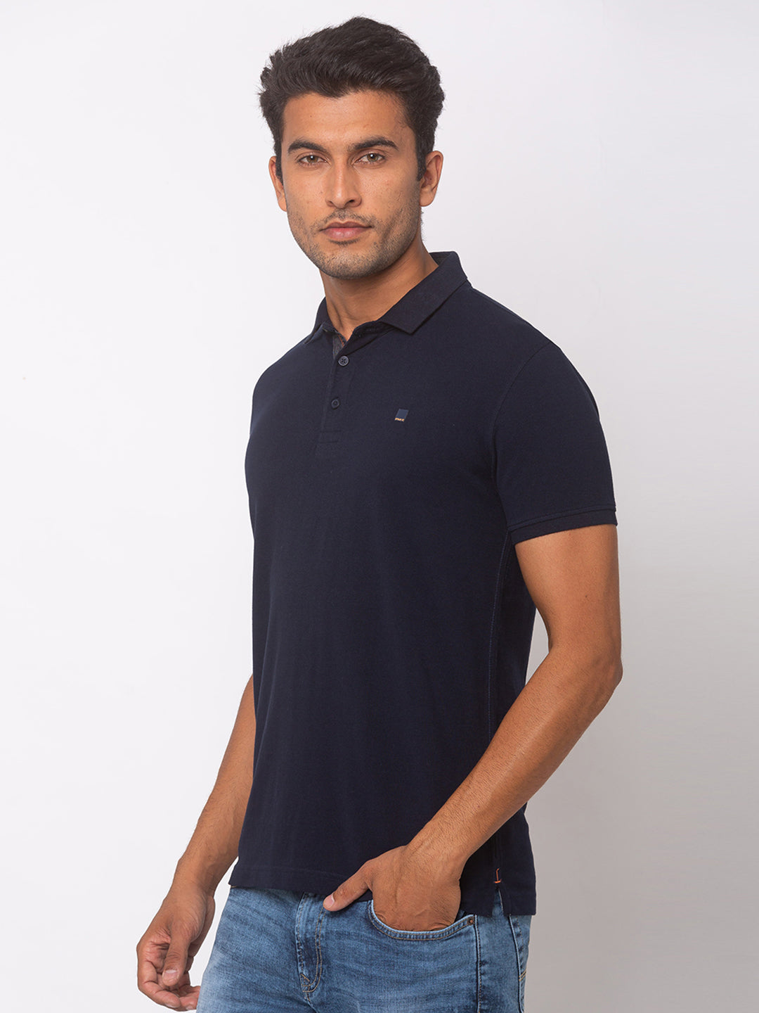 Spykar Men Blue Cotton Slim Fit Polo T-Shirt